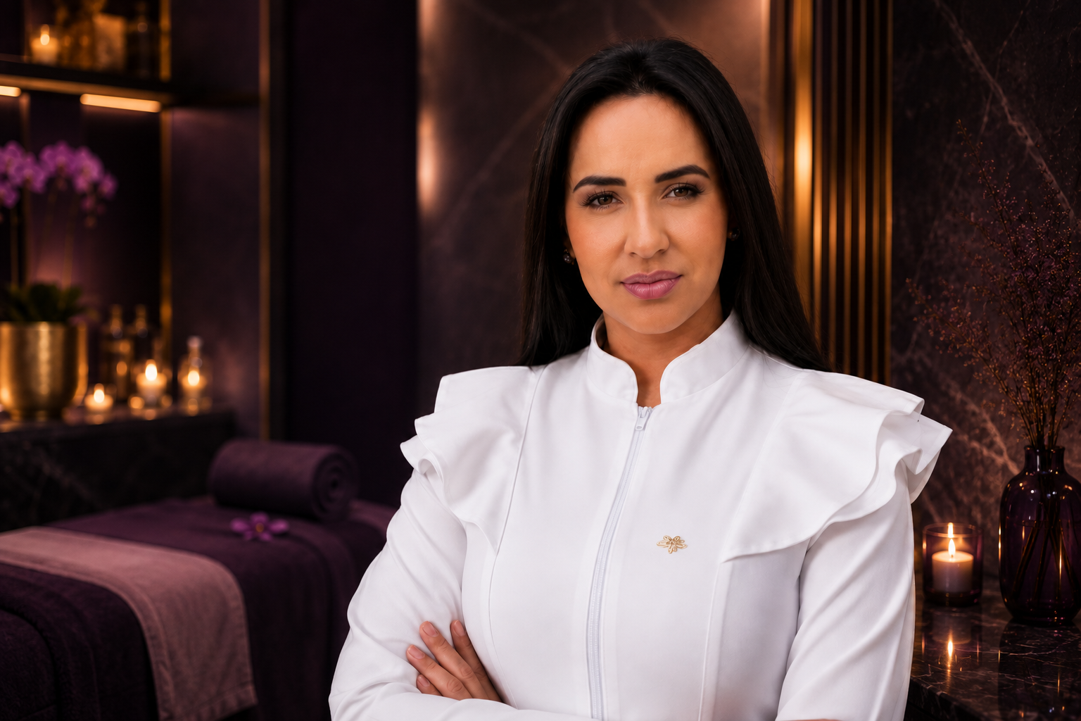 Ana Paula, Brazilian massage therapist based in Central London, in a calm violet-lit studio