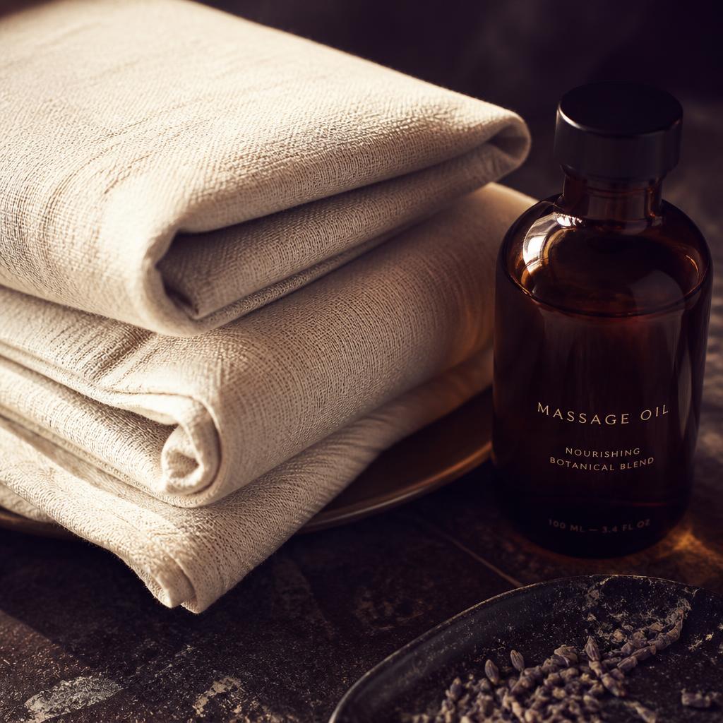 Folded ivory linen towels and massage oil in warm candlelight